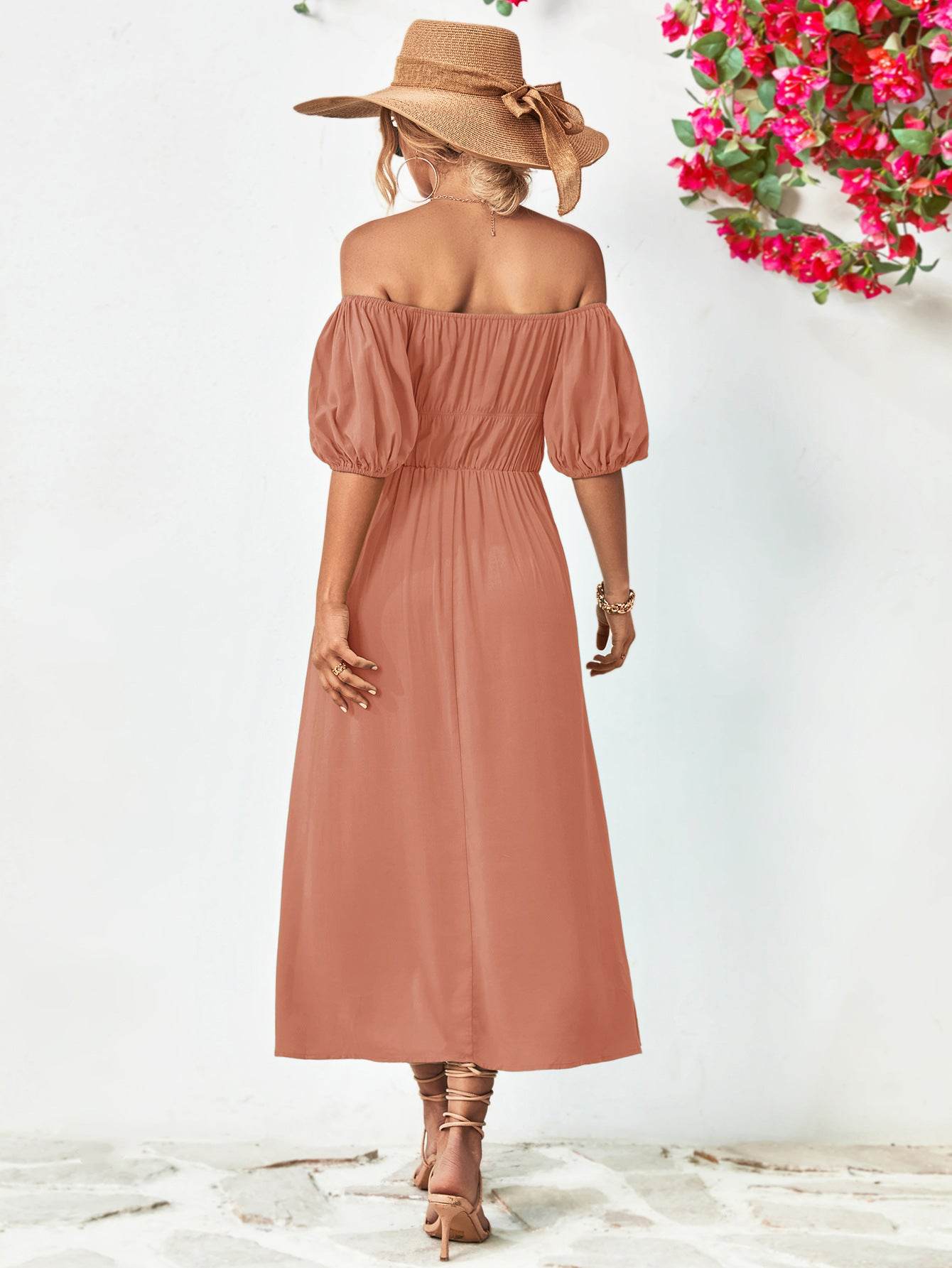 Off-Shoulder Balloon Sleeve Midi Dress Trendsi 379b97d1a0bd421882eb14b3117b9319-Max
