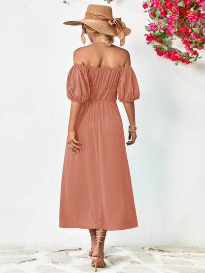 Off-Shoulder Balloon Sleeve Midi Dress Trendsi 379b97d1a0bd421882eb14b3117b9319-Max