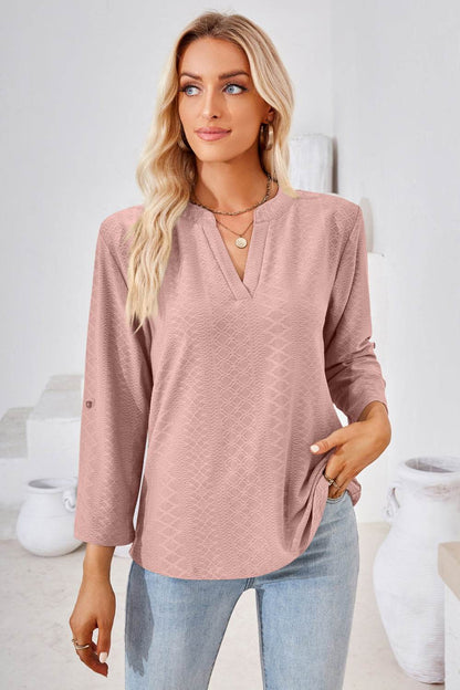 V-Neck Roll-Tap Sleeve Blouse Dusty Pink Trendsi 37a7f4d0c03348d289daefc8363fa302-Max