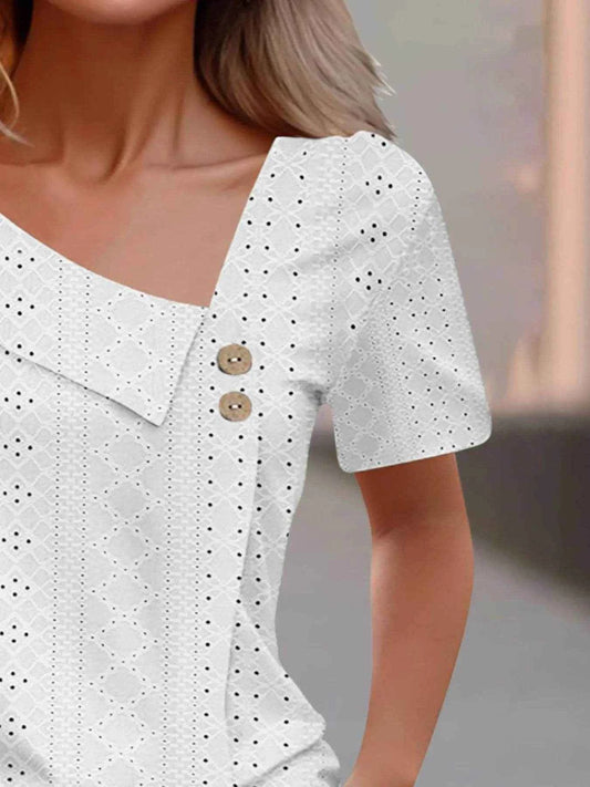 Eyelet Asymmetrical Short Sleeve T-Shirt Trendsi 37b1d208-86b6-457c-8fd7-fb5f3dabf45f-Max-Origin