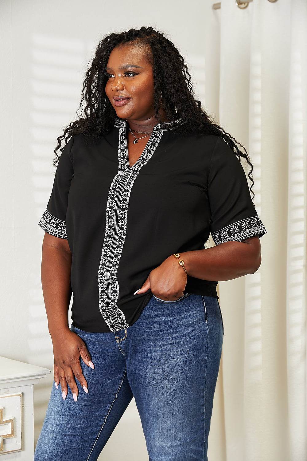 Double Take Embroidered Notched Neck Top Trendsi 37b64d3bebe64b829b4b380b6cc83a18-Max
