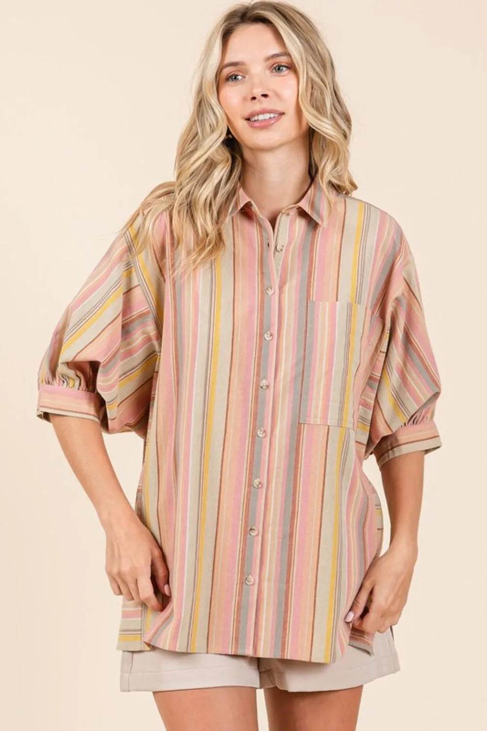 Mittoshop Striped Bubble Sleeve Button Down Shirt Trendsi 37d8ea61-8a88-49a5-a7be-5600aa05e5e6-Max
