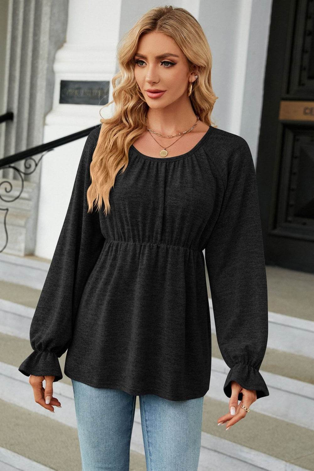 Round Neck Flounce Sleeve Blouse Trendsi 37dddcd7cd8542e893a6106e4bd0008a-Max