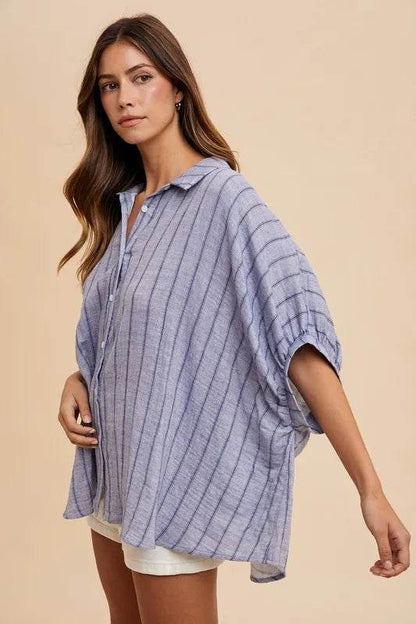 Annie Wear Striped Button Up Half Sleeve Shirt Trendsi 37fc2616-889a-491f-b791-1ca2dbd5d3d4-Max