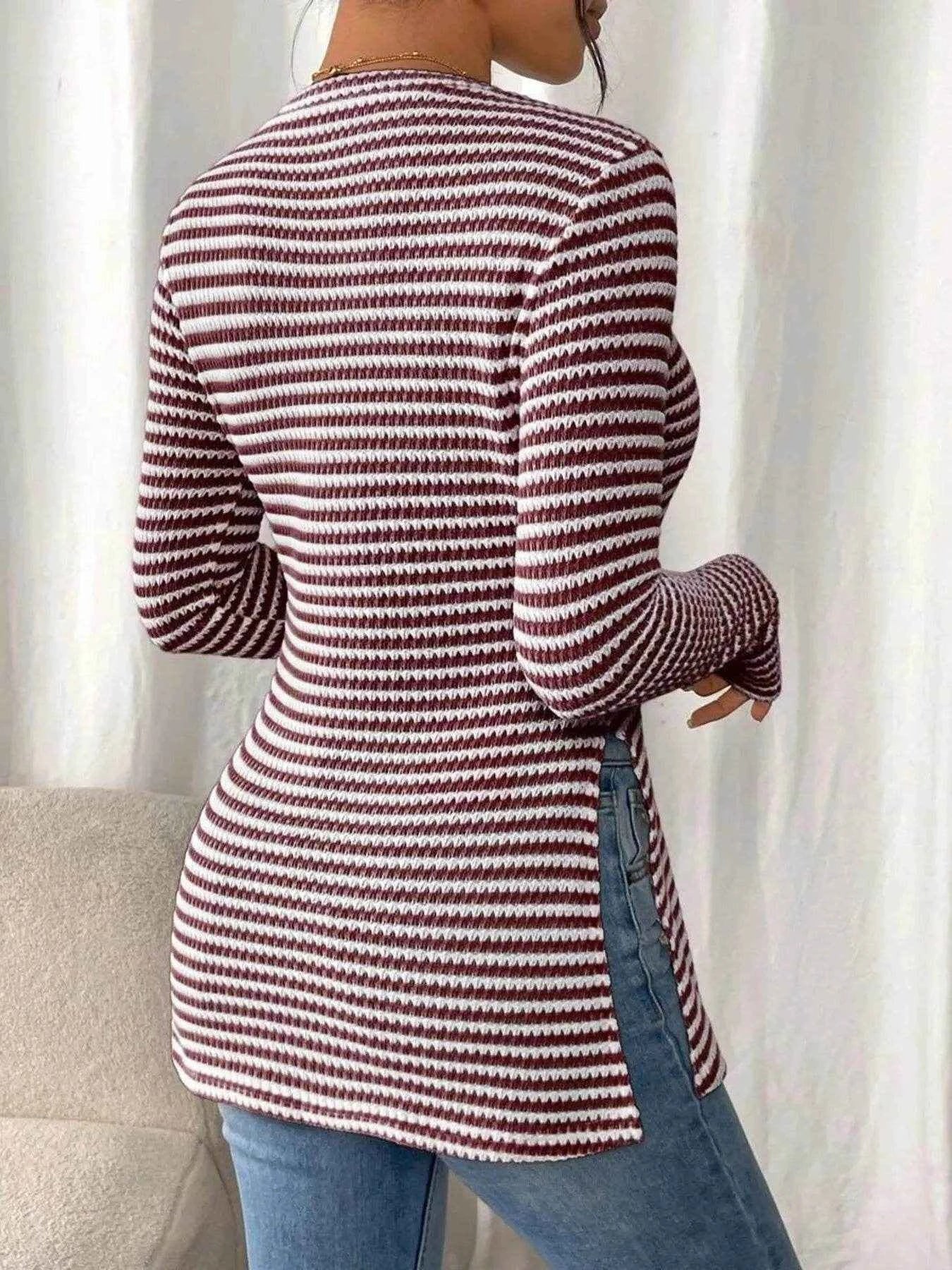 Side Slit Striped Long Sleeve T-Shirt Trendsi 380a000405994cd88f09655668fa3313-Max-Origin