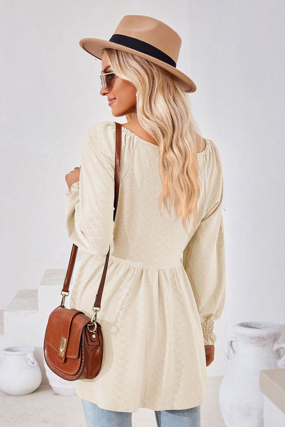 V-Neck Lantern Sleeve Blouse Trendsi 38105d58e1c048bba6195b81df7fa53e-Max