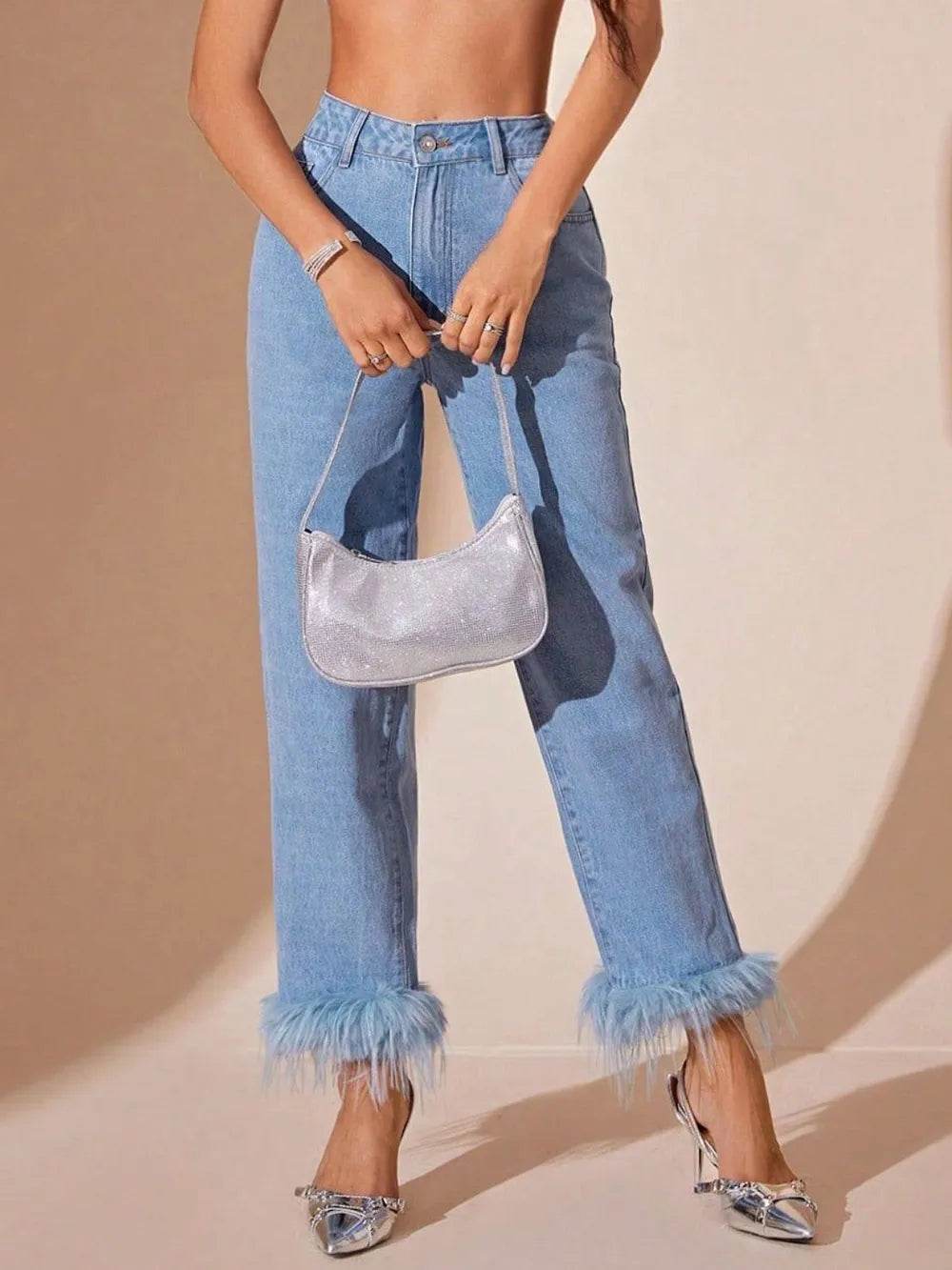 Plush Hem High Rise Straight Jeans Trendsi 3820a1a8-ed16-4c37-b9f9-682f490b8f7f-Max