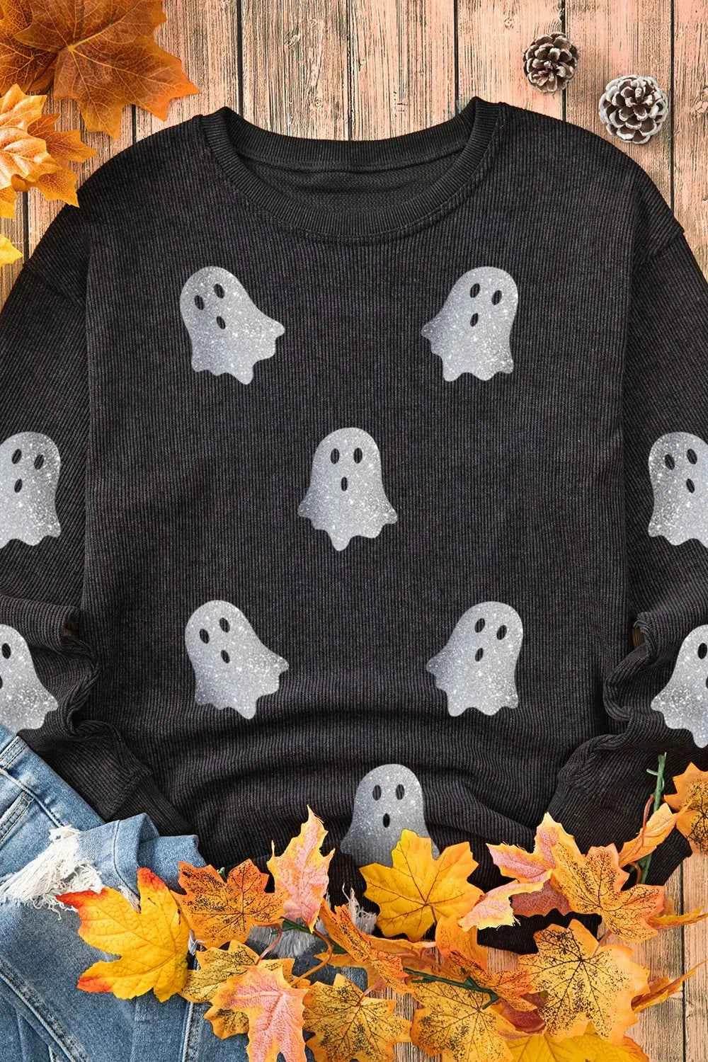 Glitter Ghost Round Neck Long Sleeve Sweatshirt Trendsi 3823cdd1-81bb-495e-ba6b-50fb6c3be554-Max