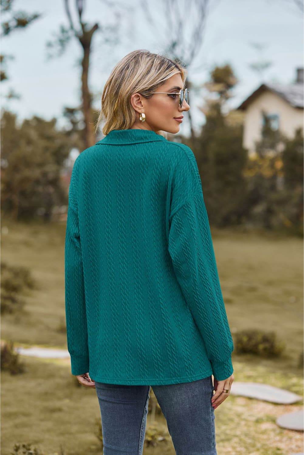 Collared Neck Cable-Knit Long Sleeve Blouse Trendsi 382e097ea613441e9dfa352a5003e617-Max