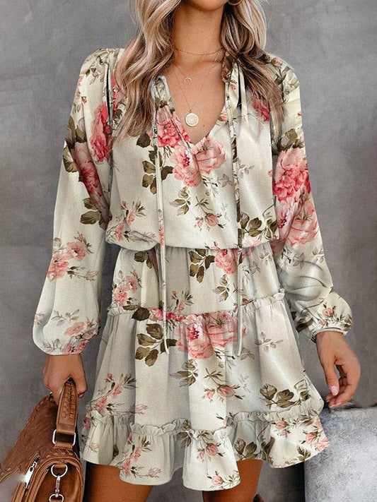Printed Tie Neck Long Sleeve Dress Ivory Trendsi 38334ecf252244e19a85a6b9276bc78a-Max