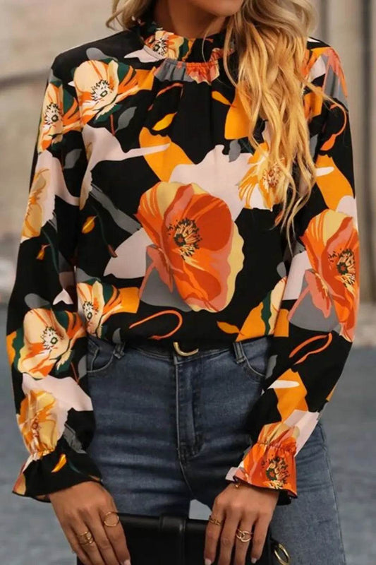 Floral Mock Neck Flounce Sleeve Blouse Black Trendsi 383467302acb4775b02e7453eb8135b1-Max