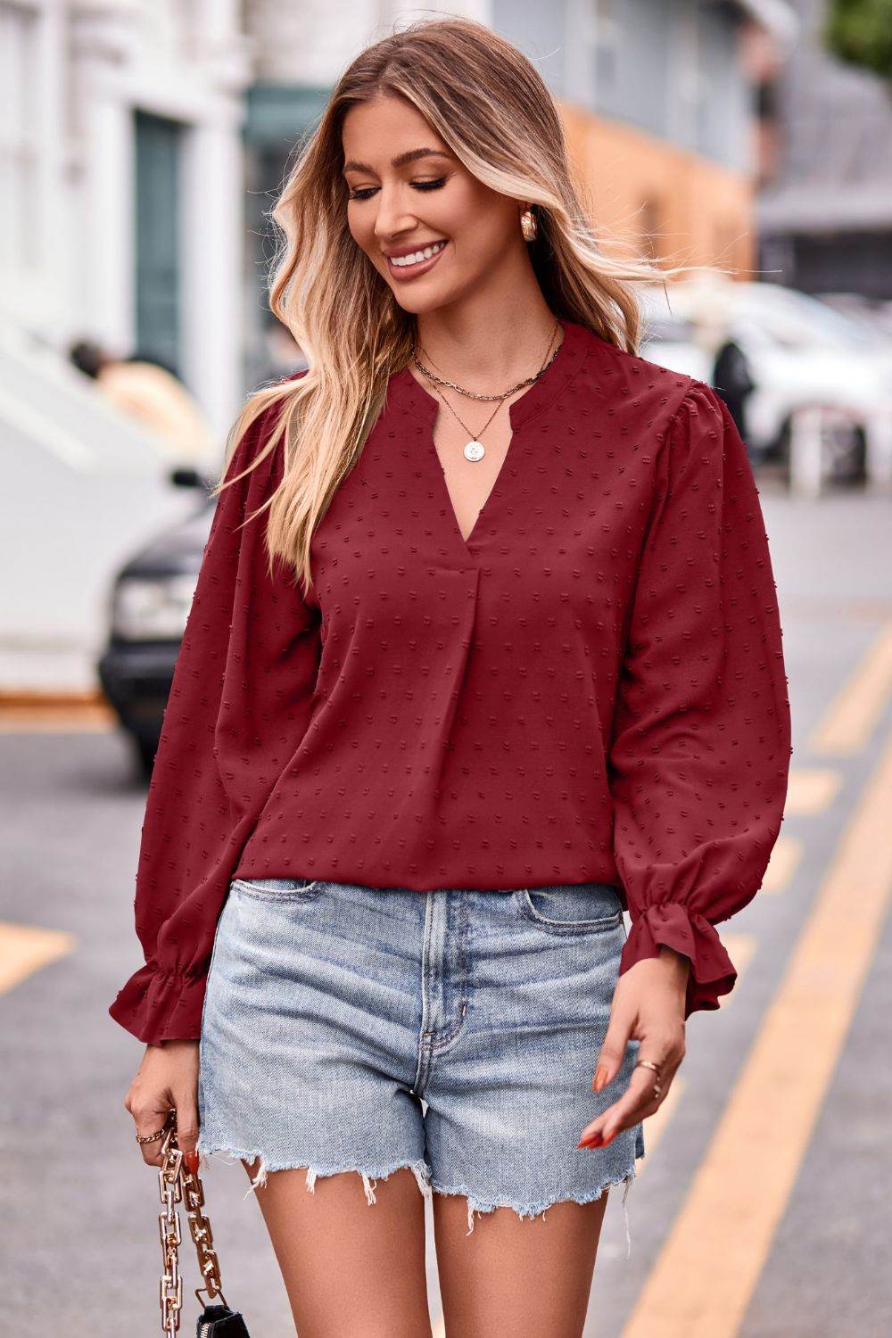 Swiss Dot Notched Neck Flounce Sleeve Blouse Trendsi 38397c0ad7e24c939437af727a0e8466-Max