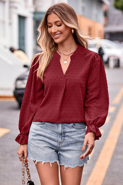 Swiss Dot Notched Neck Flounce Sleeve Blouse Trendsi 38397c0ad7e24c939437af727a0e8466-Max