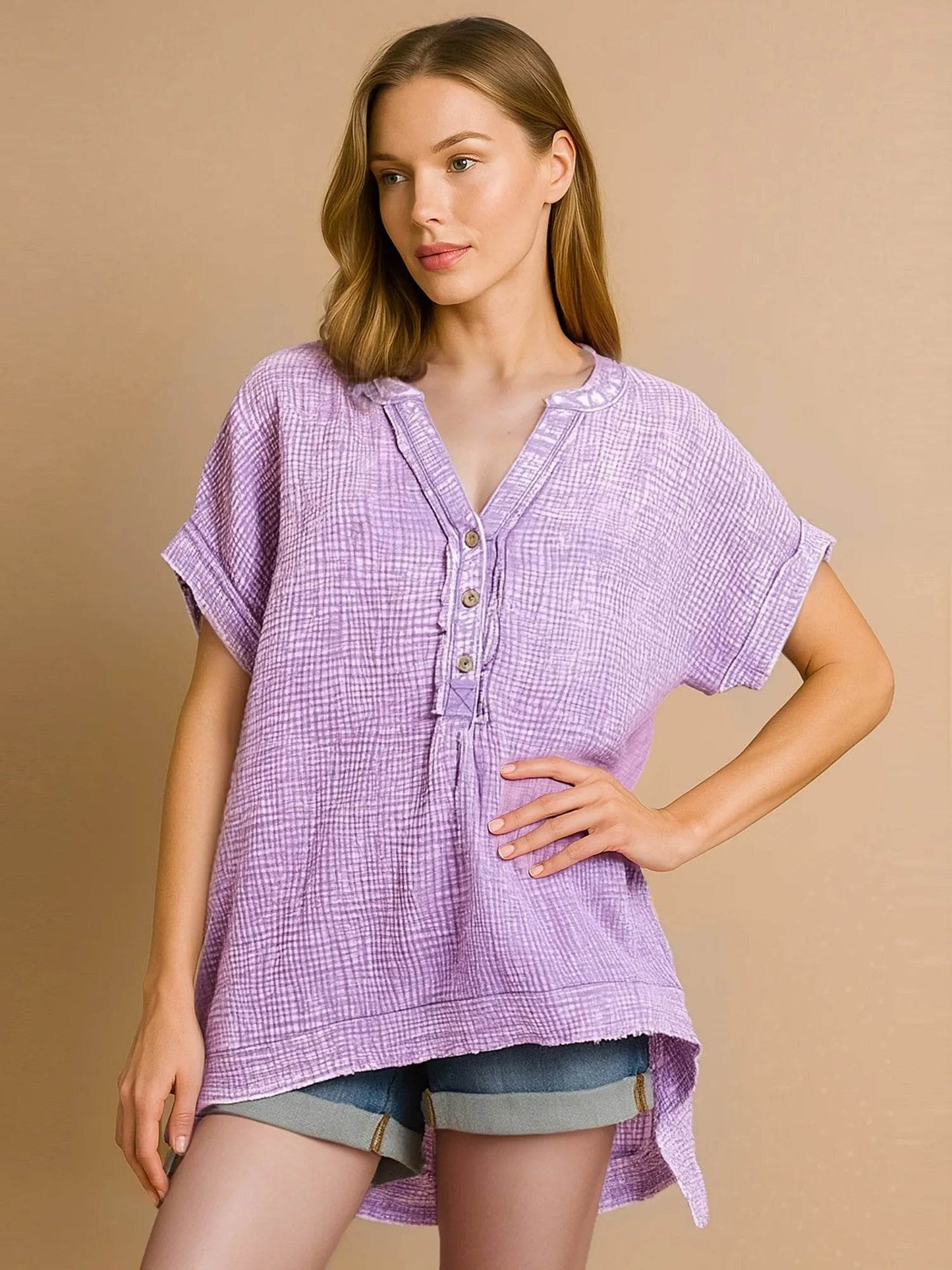 Zenana Washed Double Gauze 3/4 Button Henley Neck Shirt LAVENDER Trendsi 38584205-7b6d-4ea3-8877-2f6766230060-Max-Origin