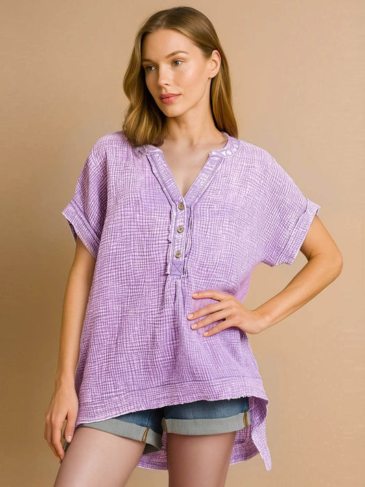 Zenana Washed Double Gauze 3/4 Button Henley Neck Shirt LAVENDER Trendsi 38584205-7b6d-4ea3-8877-2f6766230060-Max-Origin