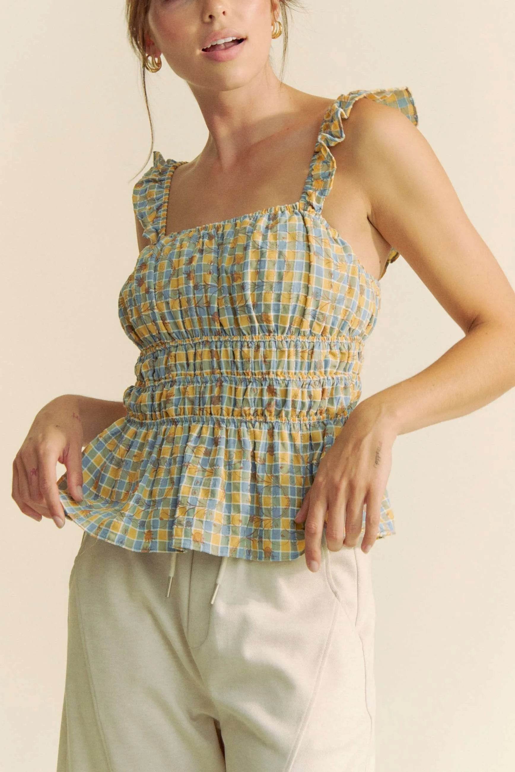 Davi & Dani Plaid Ruffled Strap Smocked Sleeveless Top Trendsi 38778b8aac2f40ba96025de18501b3d2-Max-Origin