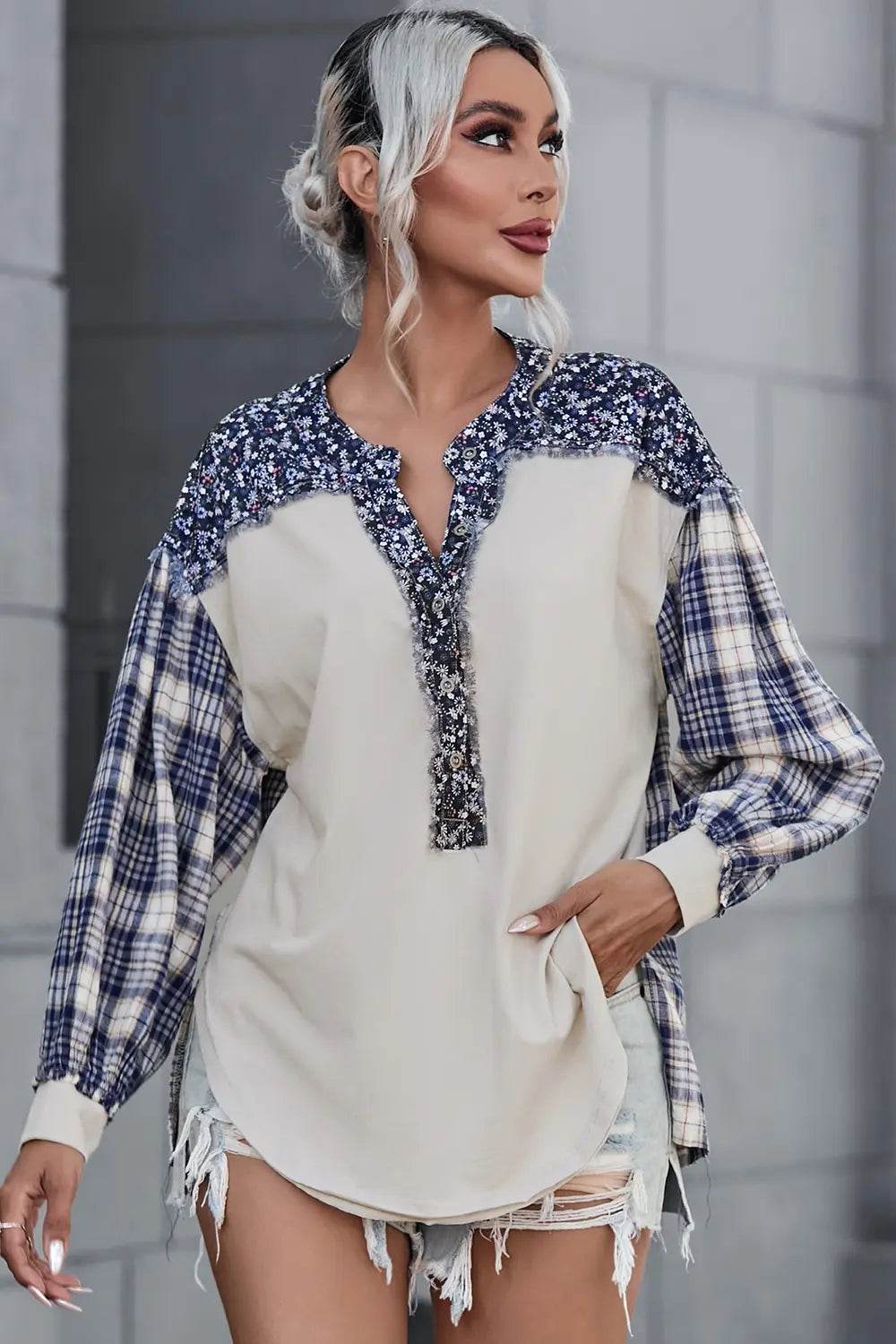 Plaid Notched Neck Slit Blouse Beige Trendsi 38b009d752384b1dbc000e013b592fd9-Max