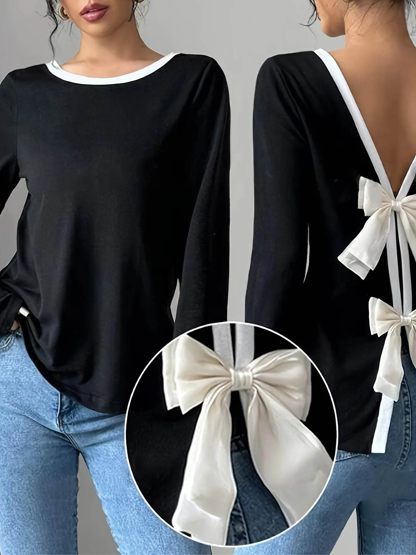 Long Sleeve Bow Tie Back T-Shirt Trendsi 38b4127ec51a45fea54de1d1fa6eb7e9-Max-Origin