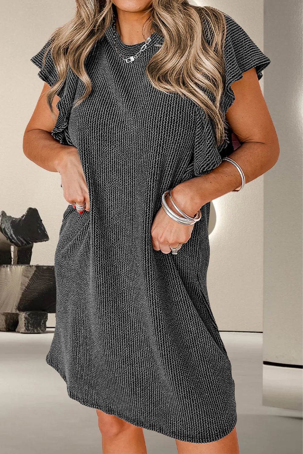 Textured Ruffled Round Neck Cap Sleeve Dress Trendsi 38ec3ead-c60d-4f38-ac2c-78b56b110a04-Max