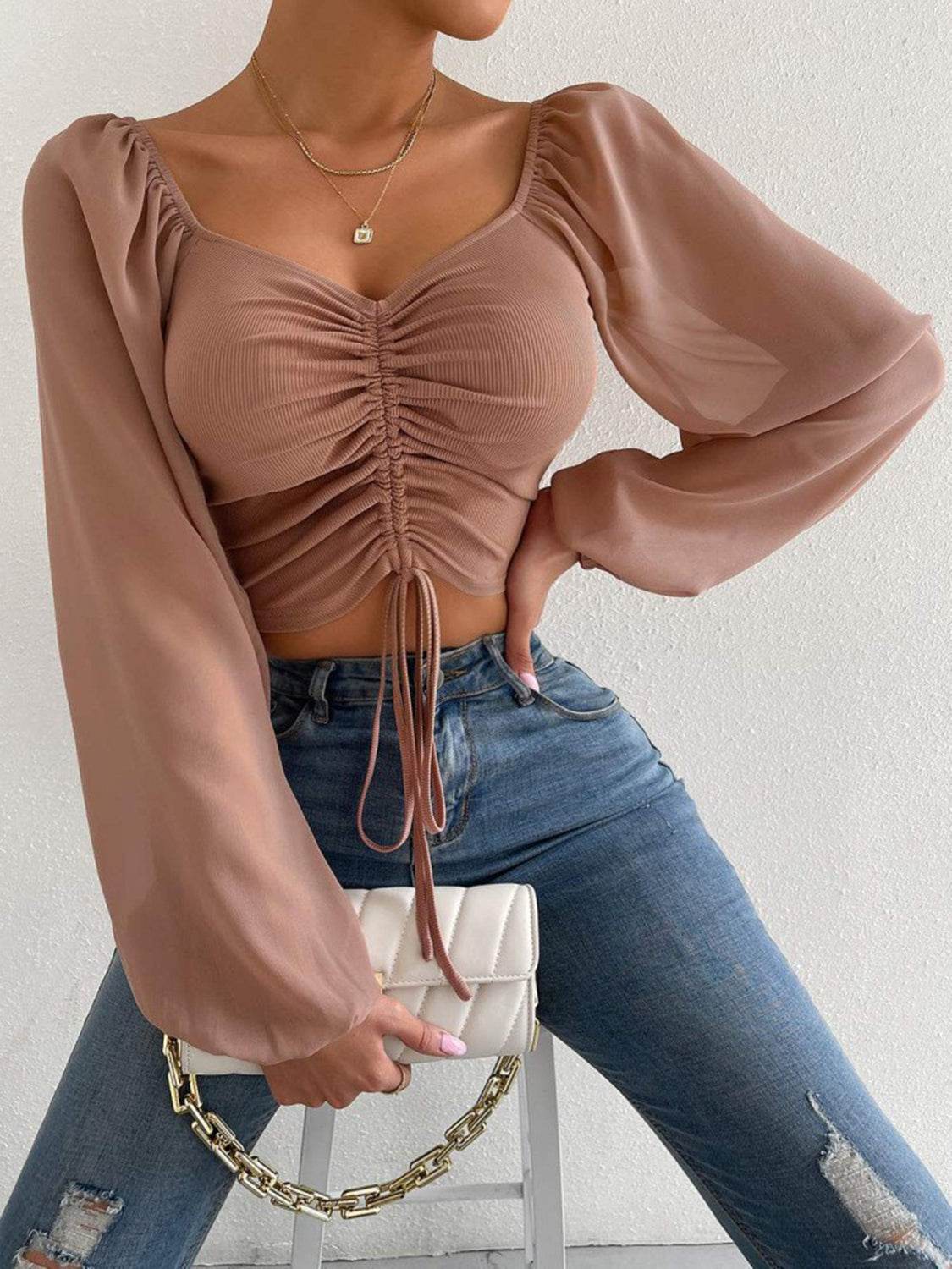 Drawstring Sweetheart Neck Cropped Top Camel Trendsi 38f318e2397b4da2a0bc36902a4280cd-Max