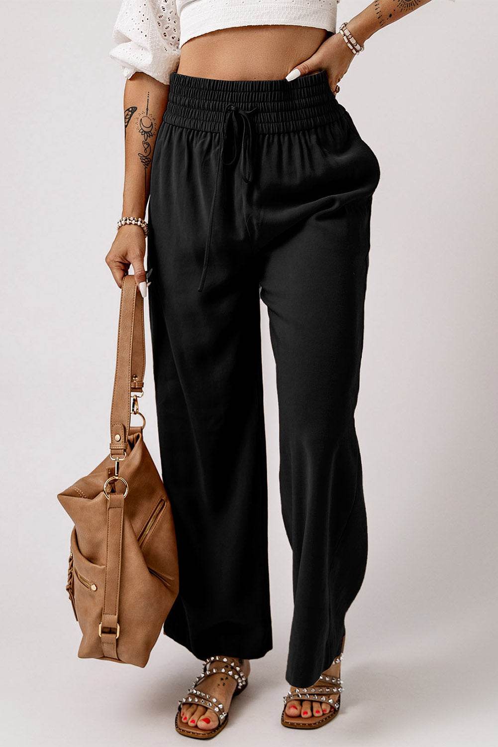 Drawstring Smocked Waist Wide Leg Pants Trendsi 38f8c7b551f1472e942aca3d147b594e-Max