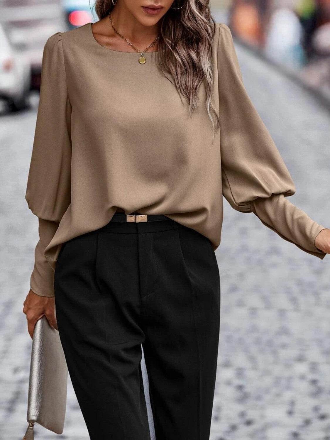 Round Neck Lantern Sleeve Blouse Taupe Trendsi 392434f3c61d436e98fd12e2dd1ff5e8-Max