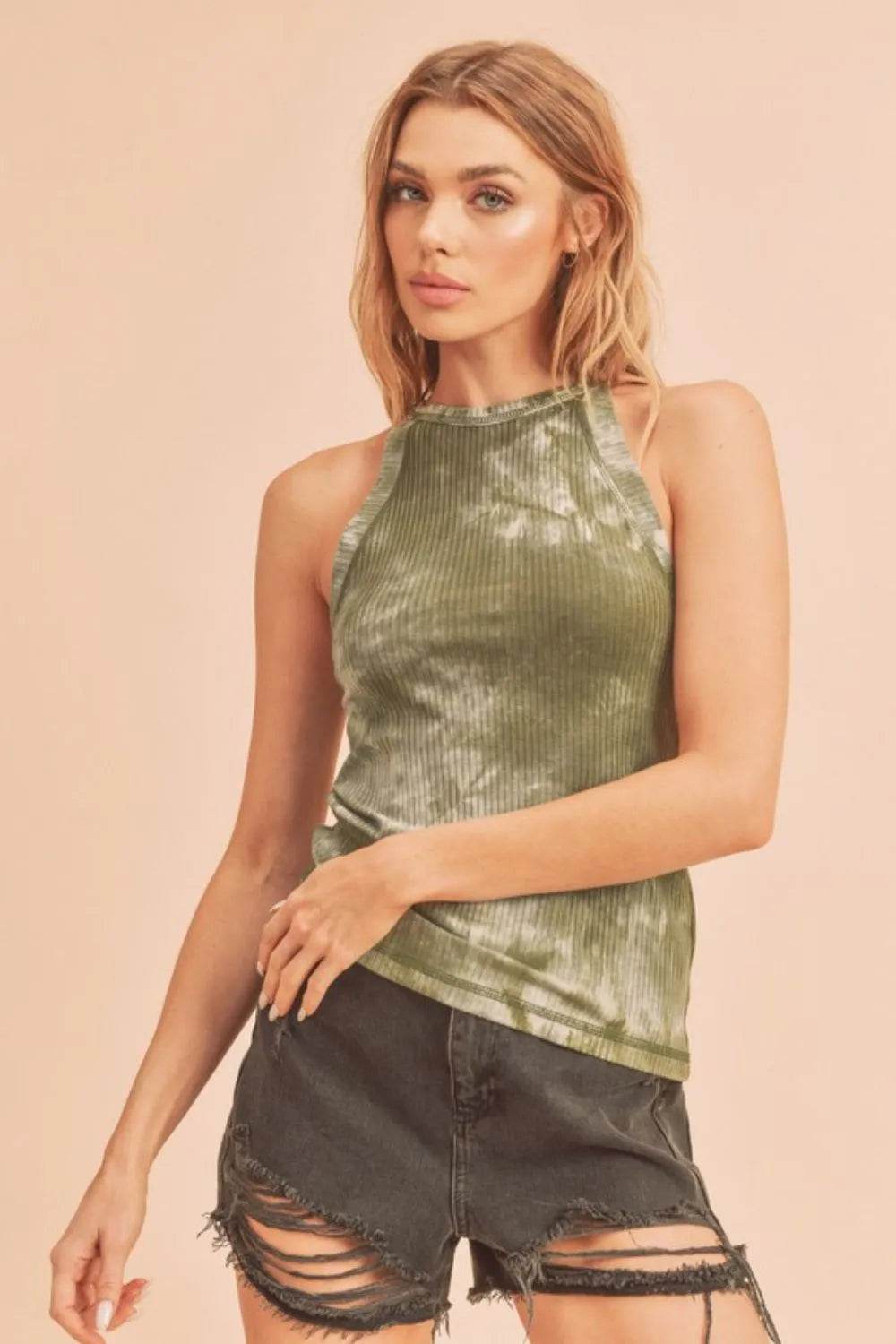 Aemi + Co Ribbed Tie-Dye Round Neck Tank Matcha Green Trendsi 392b21eb-662e-4696-8e53-d1d2d82edd7c-Max