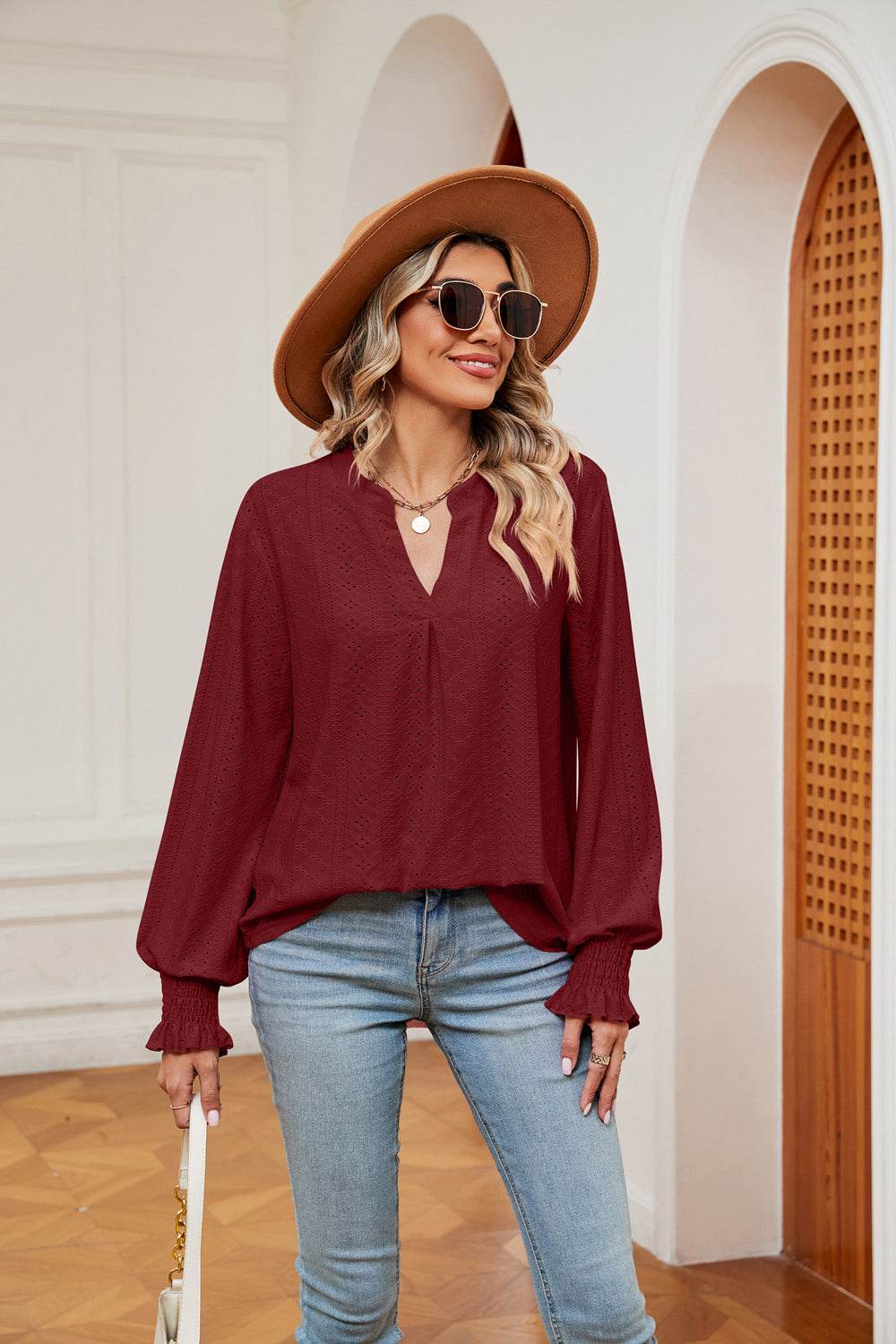 Notched Neck Flounce Sleeve Blouse Trendsi 3987bb719cc241209d365d1ba44e57ea-Max