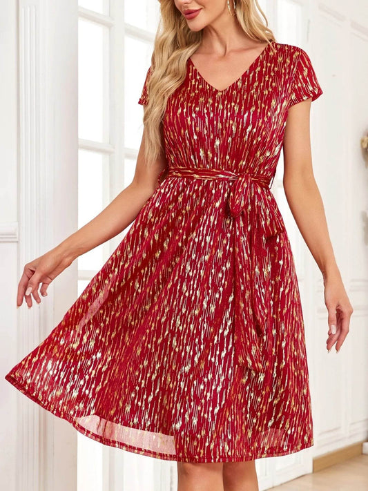 V-Neck Metallic Print Dress Trendsi 39eba830-a7f5-456c-8e11-58a93aea43d6-Max-Origin