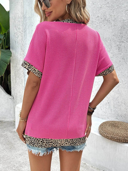 Leopard Trim Ribbed V-Neck T-Shirt Trendsi 3a0764657411498cbcfdaf34bc1be8fb-Max-Origin