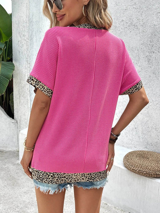 Leopard Trim Ribbed V-Neck T-Shirt Trendsi 3a0764657411498cbcfdaf34bc1be8fb-Max-Origin