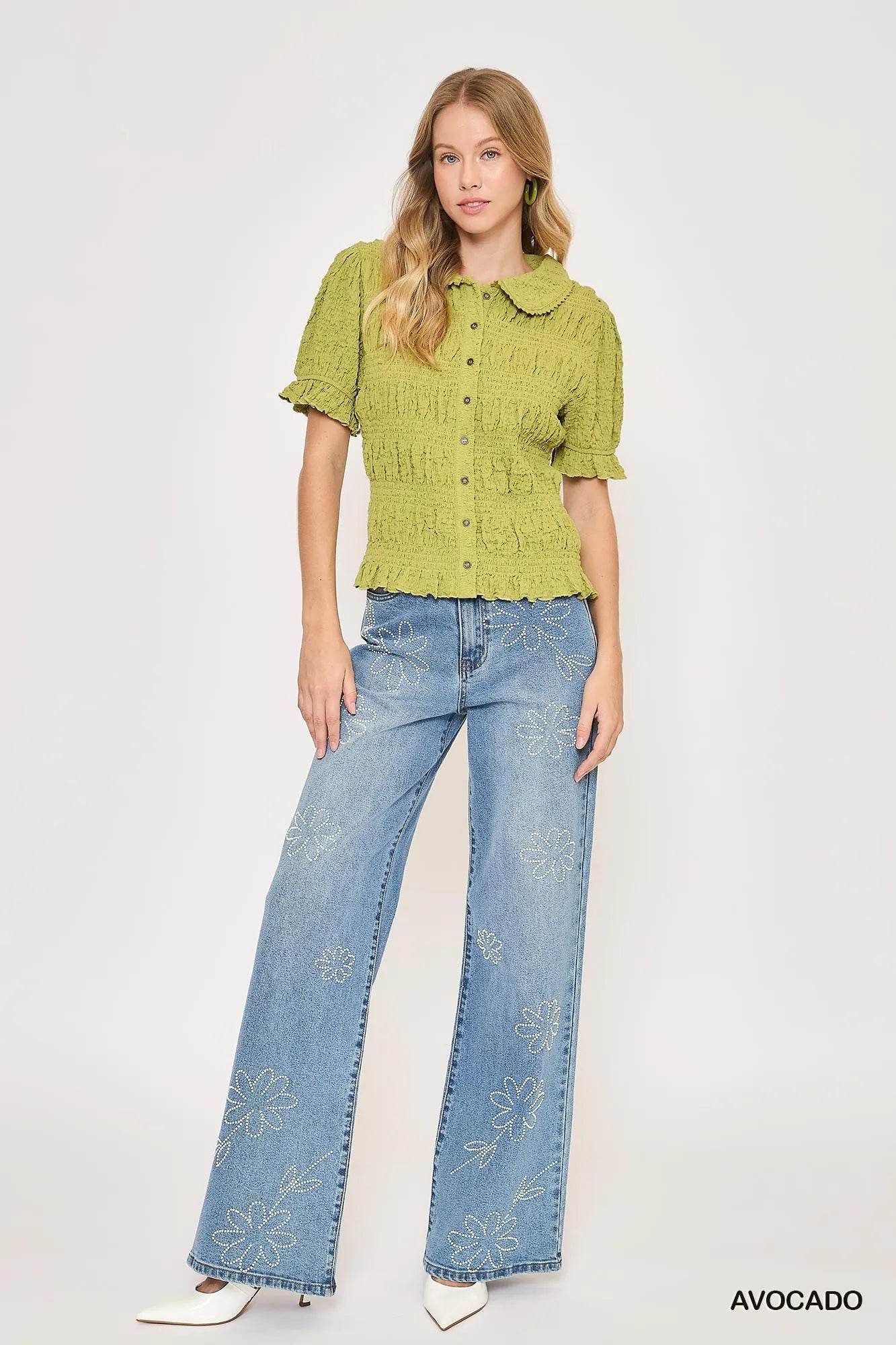 Umgee Smocked Short Sleeve Button-Front Shirt with Peter Pan Collar Trendsi 3a0a4615-0991-4f97-a9ed-757f4d08331a-Max-Origin