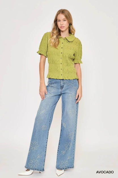 Umgee Smocked Short Sleeve Button-Front Shirt with Peter Pan Collar Trendsi 3a0a4615-0991-4f97-a9ed-757f4d08331a-Max-Origin