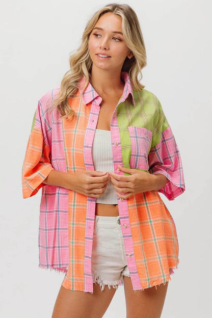 BiBi Plaid Collared Neck Half Sleeve Shirt Trendsi 3a14a4f1-9757-4d2a-b65b-da9bb8b555bb-Max