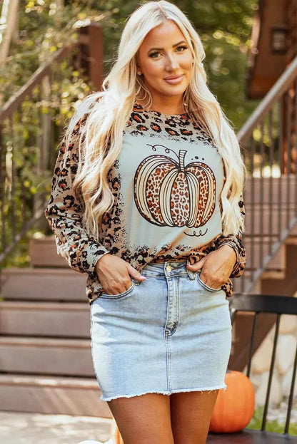 Pumpkin Graphic Leopard Round Neck Long Sleeve Sweatshirt Trendsi 3a1ea414-f0af-4f2b-ac08-5f363c5faafa-Max