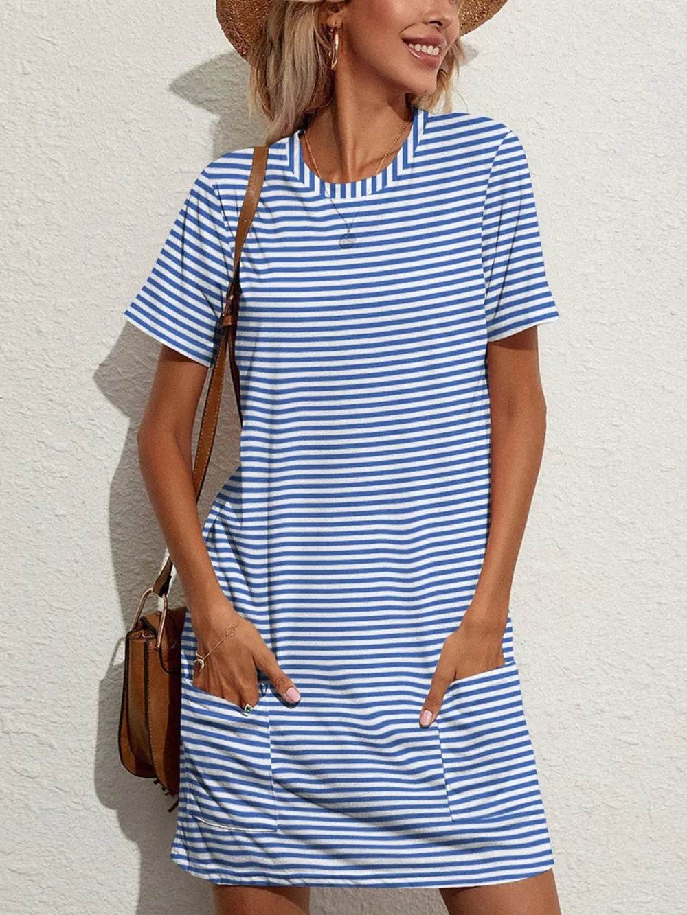 FAM-FAM Pocketed Striped Round Neck Short Sleeve Dress Blue Trendsi 3a4bef5d-a821-46ab-86c4-10333f822521-Max