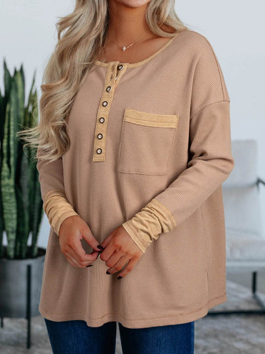 Waffle Textured Tunic Henley Top with Slits Trendsi 3a607b4625414d419d29fc4c78855b8c-Max-Origin