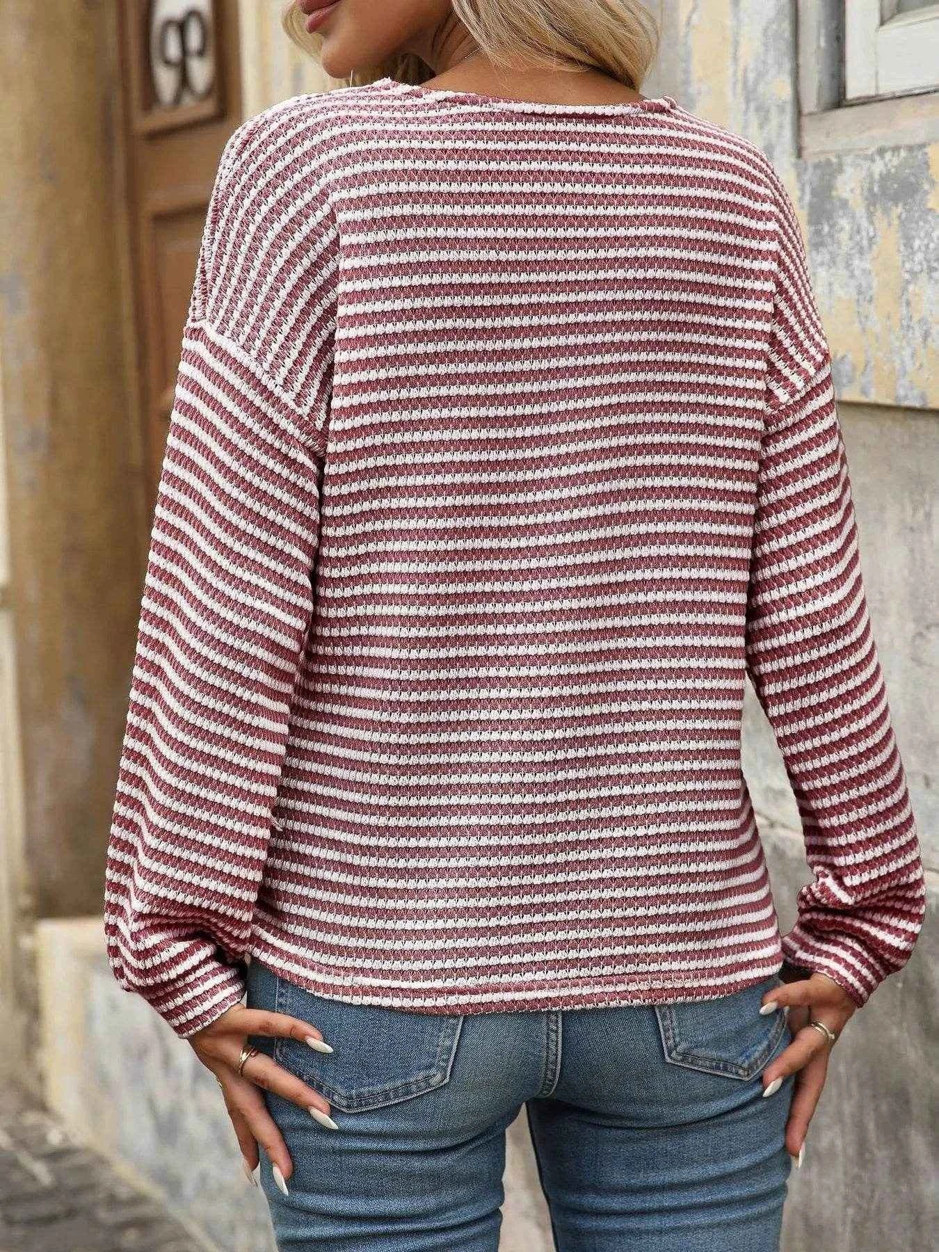Striped V-Neck Button Front Casual Top Trendsi 3a78fa996221475ebb8701eaeeb1dc00-Max-Origin