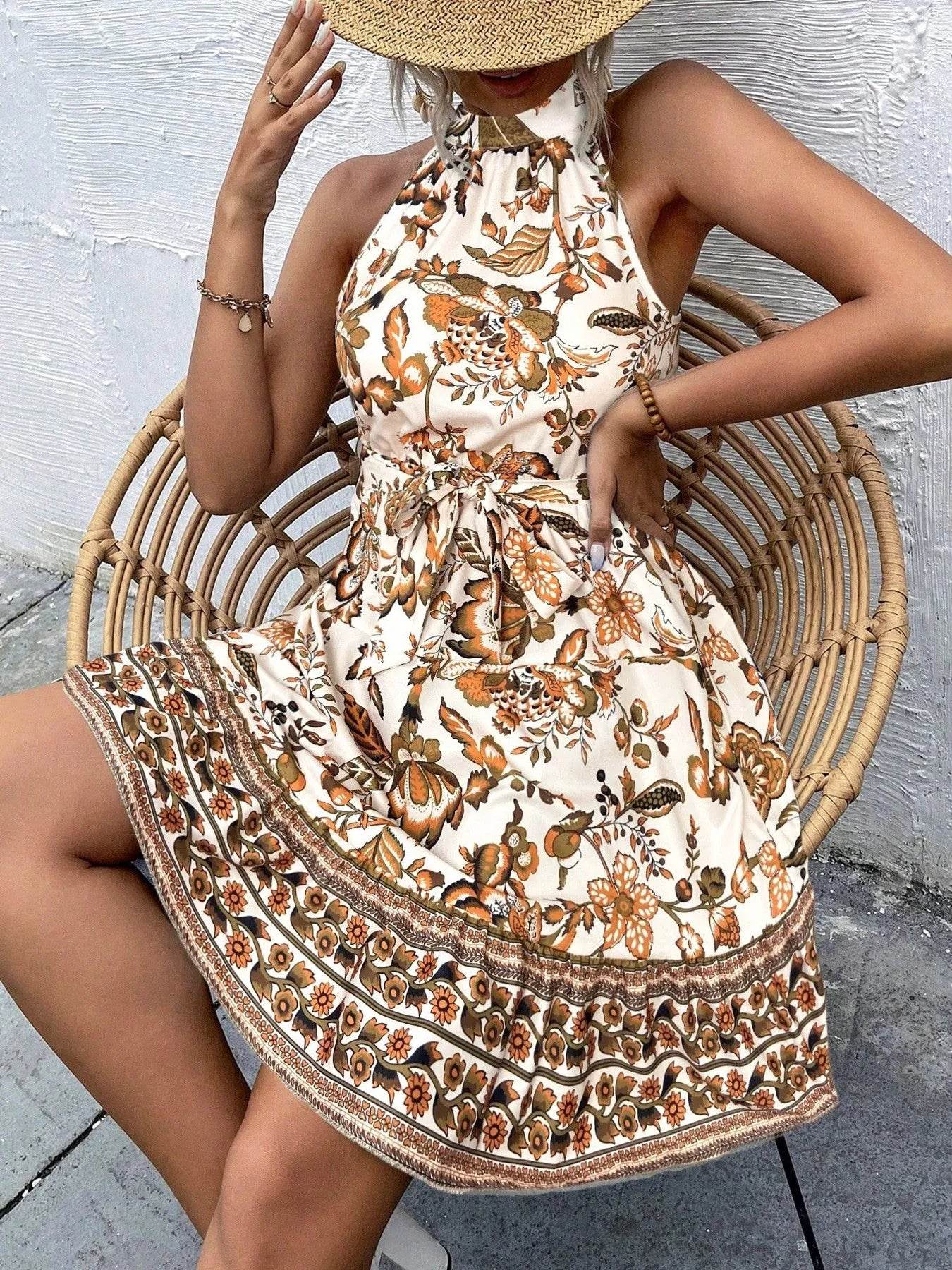Floral Halter Neck Summer Mini Dress Tan Trendsi 3a7c17af-1a72-4ebf-9791-71a9af876240-Max-Origin