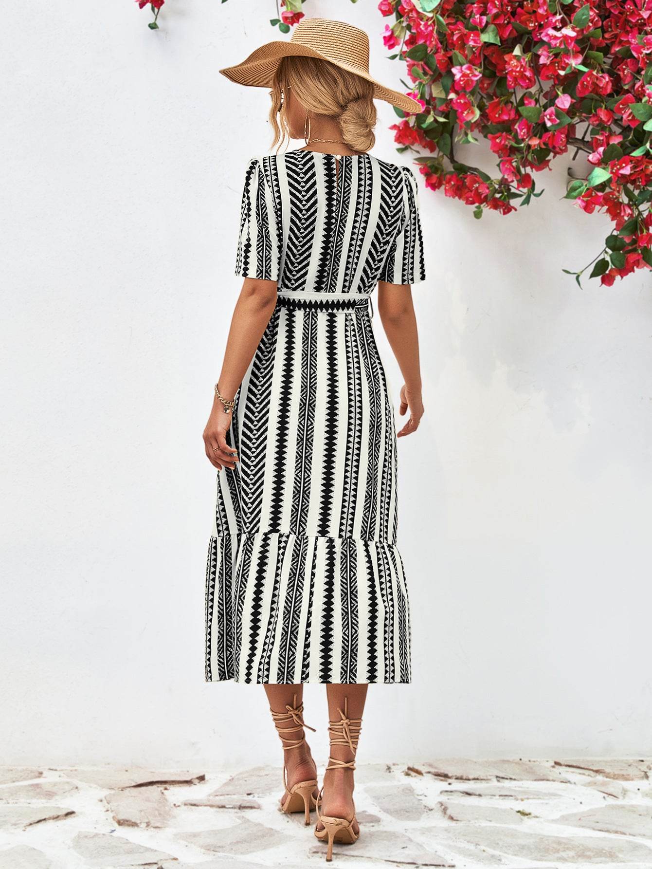 Striped Tie Belt Round Neck Puff Sleeve Dress Trendsi 3a932c2eb10f4a00879e2d9cd798def8-Max