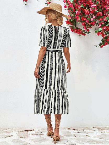 Striped Tie Belt Round Neck Puff Sleeve Dress Trendsi 3a932c2eb10f4a00879e2d9cd798def8-Max