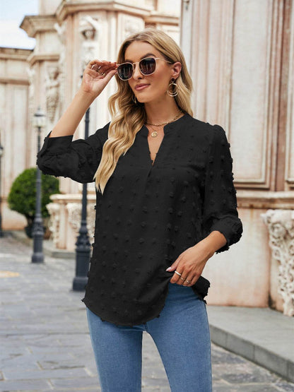 Swiss Dot Notched Neck Blouse Black Trendsi 3a9f28fdfb9b4030b8c32c05f1e62d71-Max