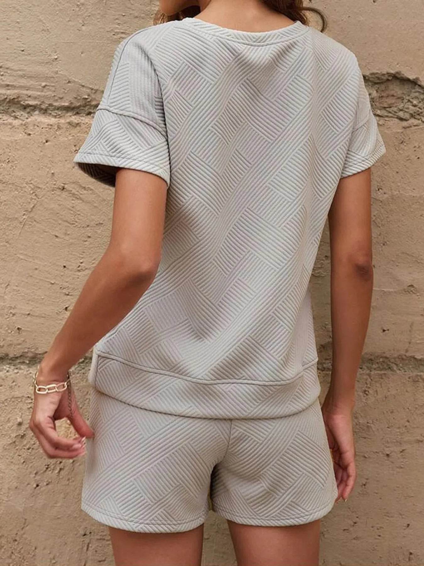 Textured Round Neck Top and Shorts Two-Piece Set Trendsi 3b1e53e022fb4f038dc659a661dfc6ca-Max-Origin