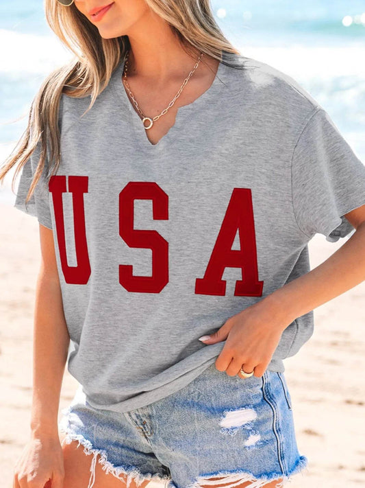 USA Lettering Patch Notched Neck T-Shirt Gray Trendsi 3b3e842b-c57e-4cd4-9552-84a6de340ec6-Max-Origin