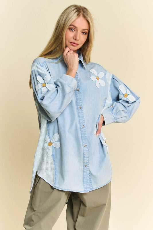 Davi & Dani Lightweight Washed Daisy Patch Waffle Knit Shirt LIGHT DENIM Trendsi 3b4e320de83e433db00286ed95f11b8f-Max-Origin