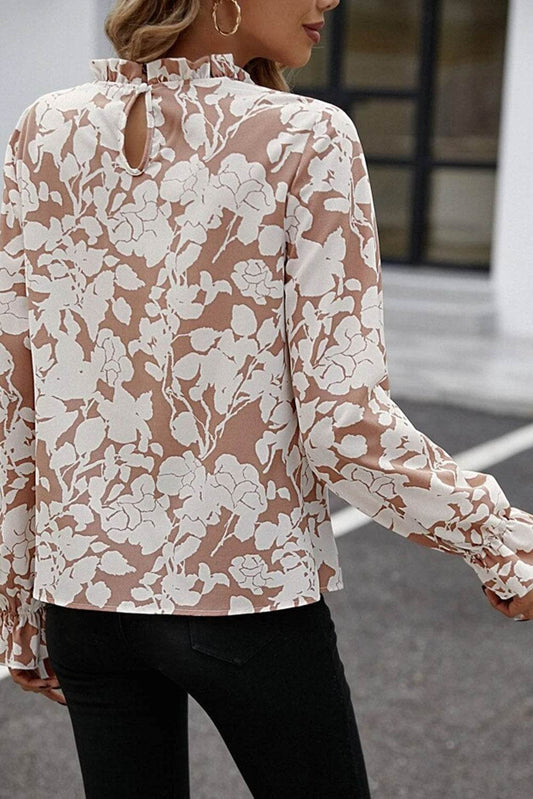 Floral Print Mock Neck Flounce Sleeve Blouse Trendsi 3b81074e1b1045d1966ad3c7bd05b32d-Max