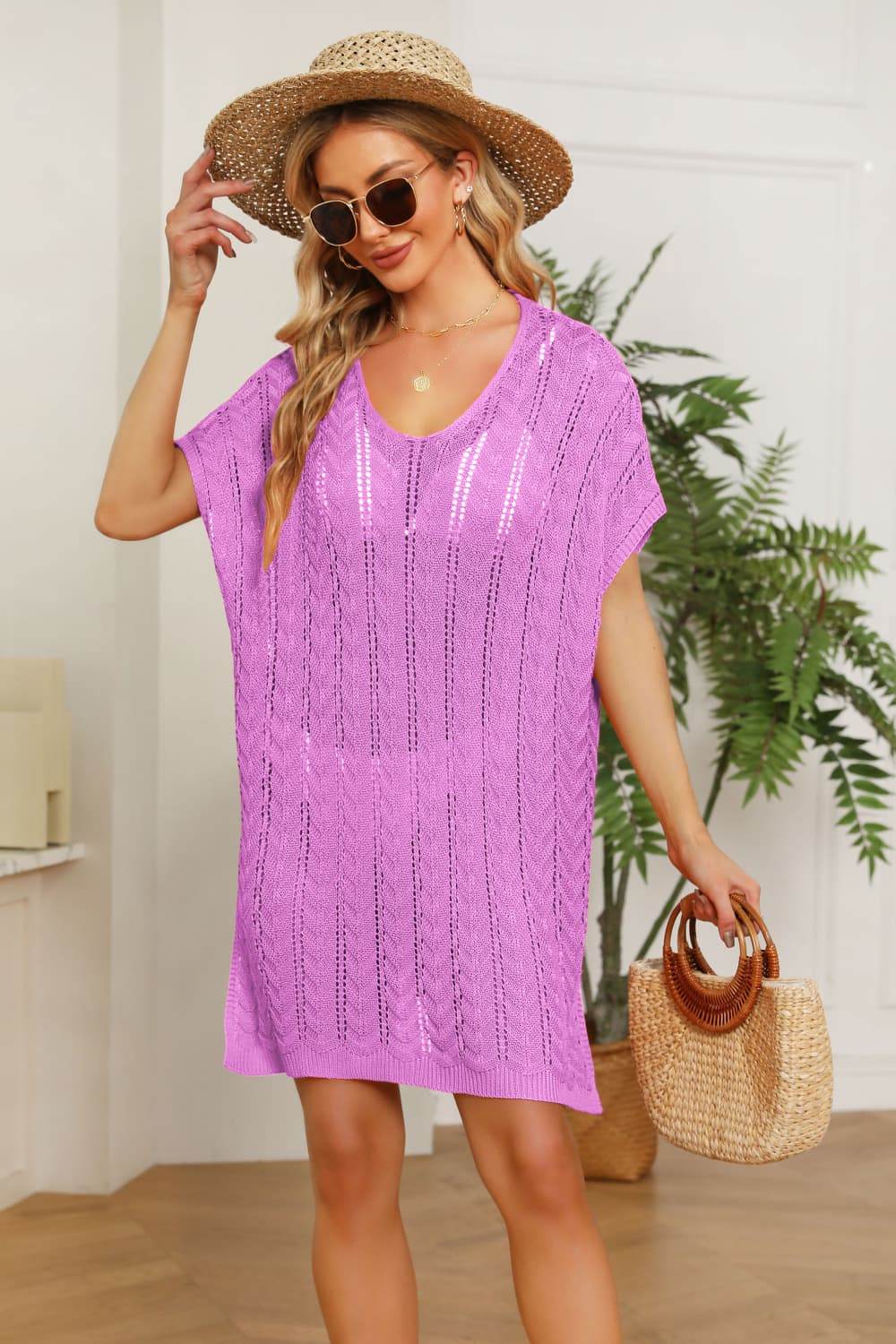 Openwork Side Slit Knit Dress Red-Violet One Size Trendsi 3b8712f0874e4a67a075eafbdcd1b562-Max