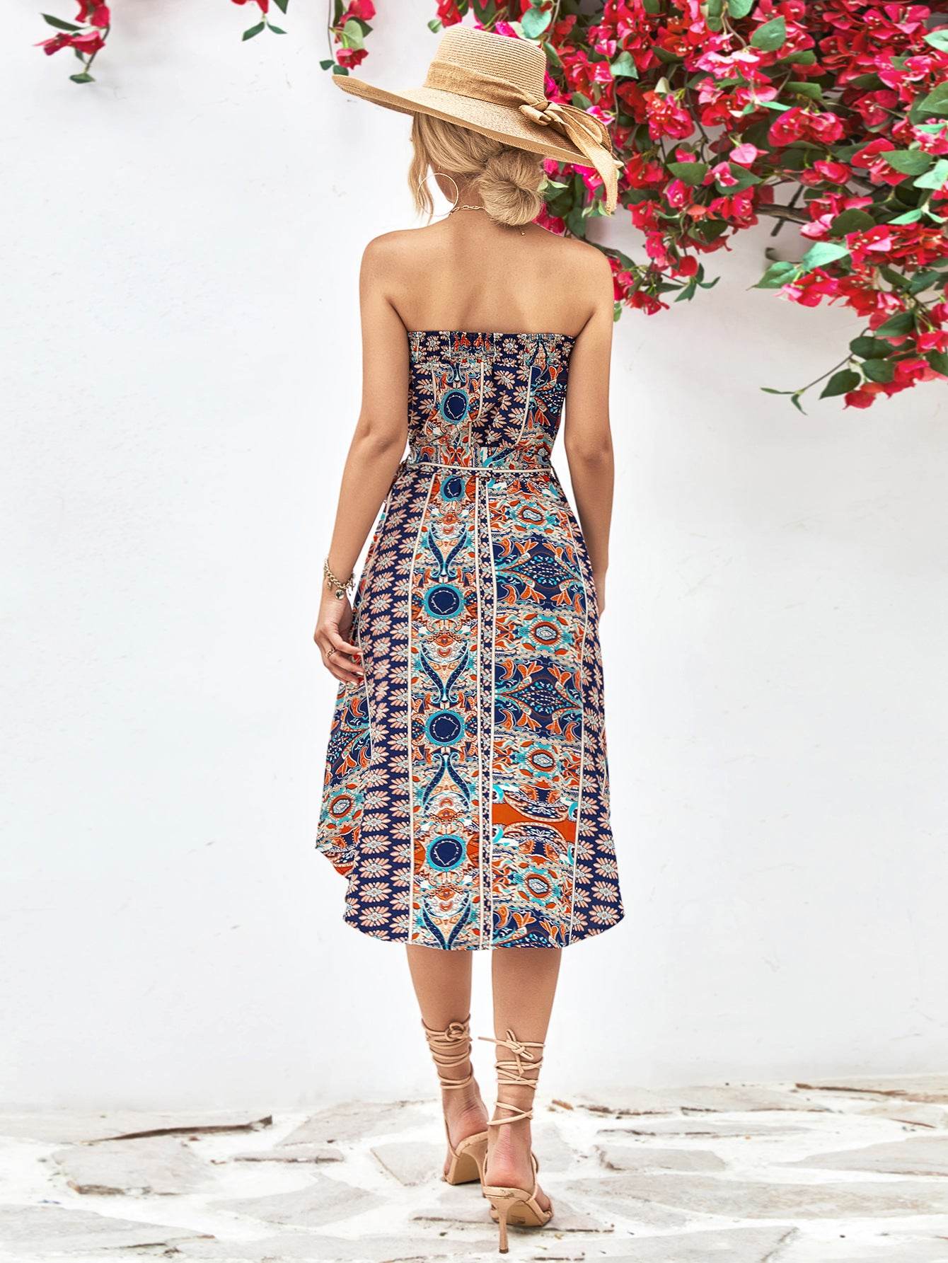 Printed Strapless Tie Belt Dress Trendsi 3ba23a5dc99840f9ae37847fb48dd770-Max