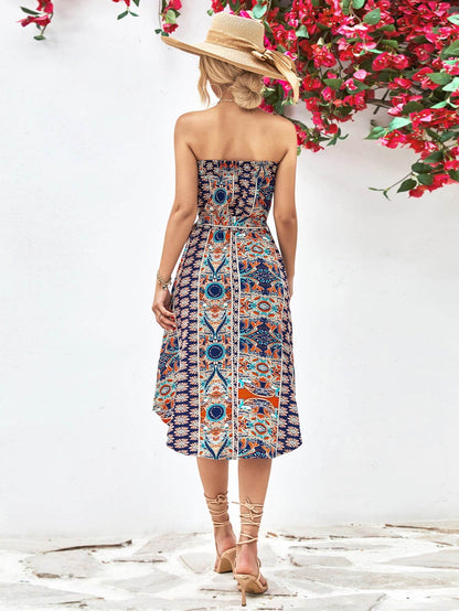 Printed Strapless Tie Belt Dress Trendsi 3ba23a5dc99840f9ae37847fb48dd770-Max