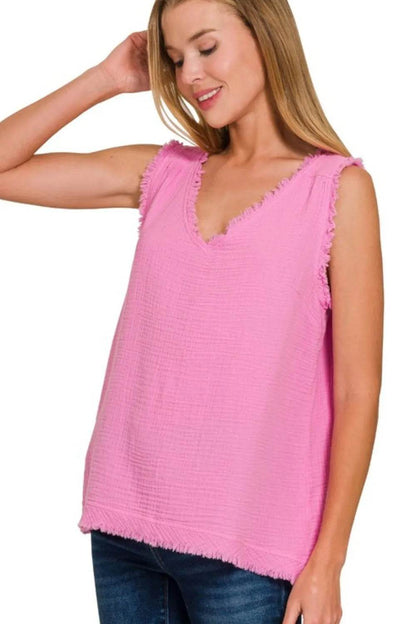 Zenana Double Gauze Raw Edge V-Neck Tank CANDY PINK Trendsi 3bac8af6-21ef-46d0-b081-d1486a4d9e6a-Max-Origin